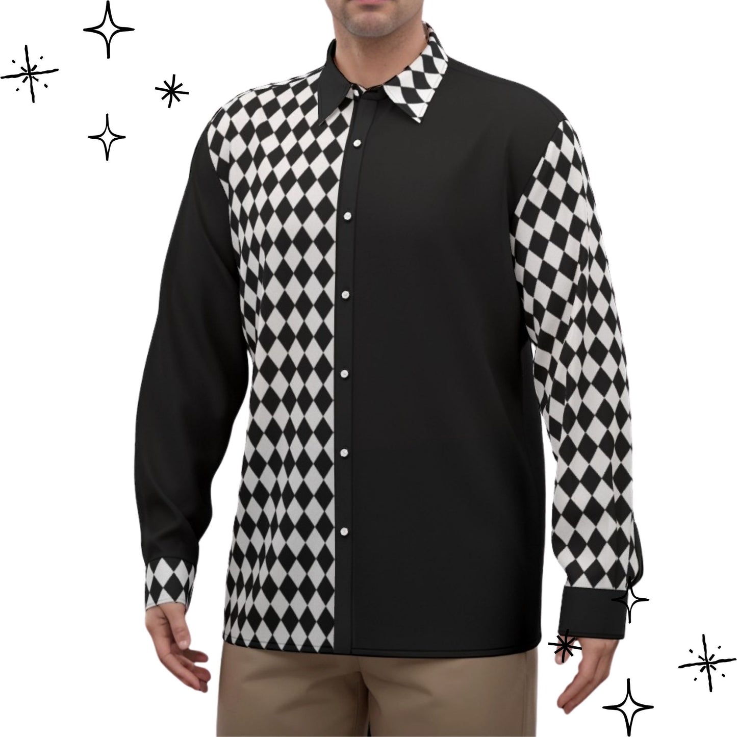 Poker Joker Mens Black White Harlequin Satin Dress Shirt