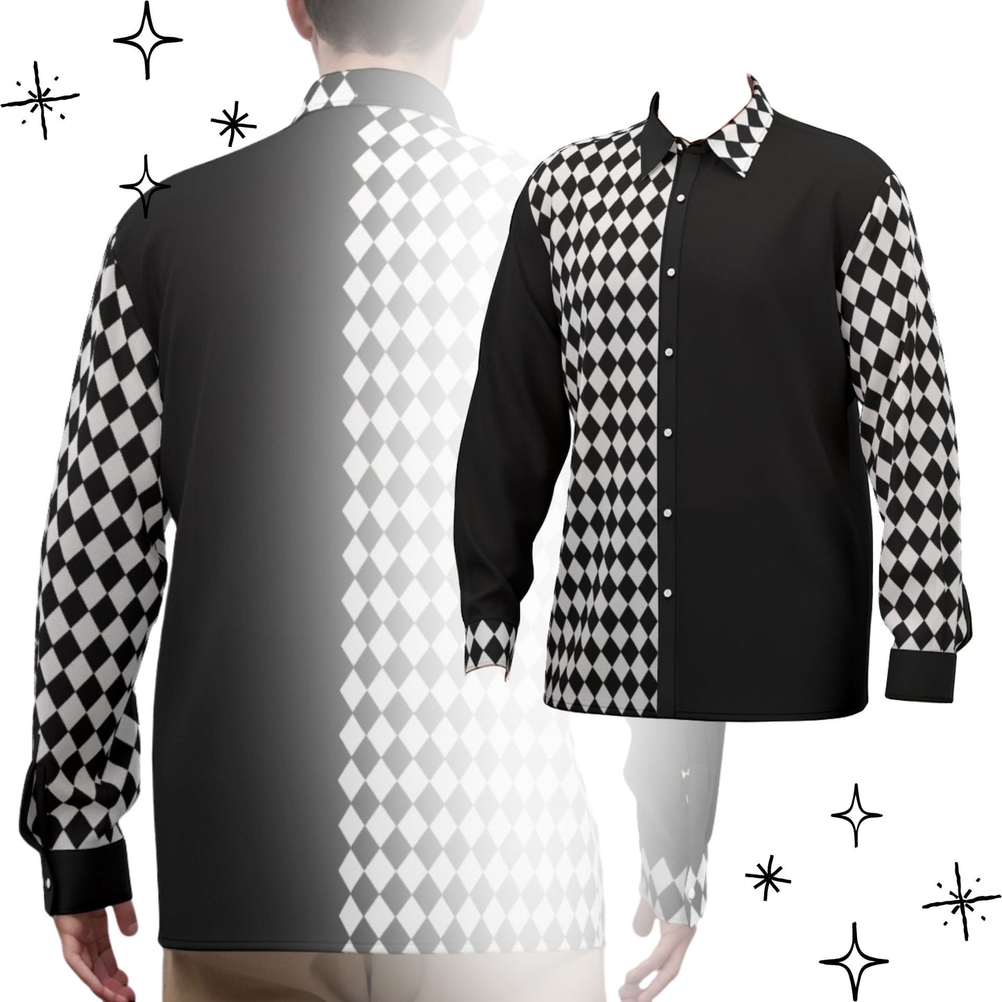 Poker Joker Mens Black White Harlequin Satin Dress Shirt