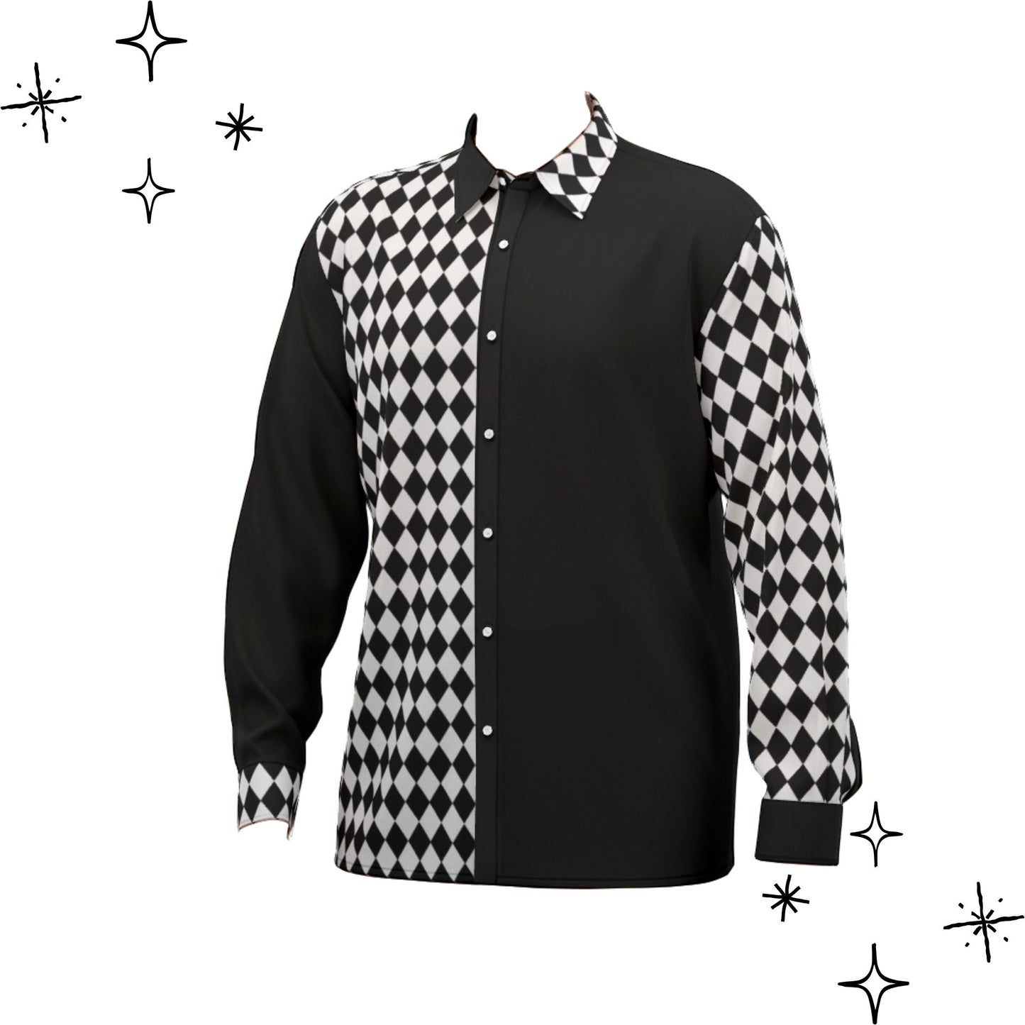 Black satin clown shirt with black and white checkered sleeves on a white background