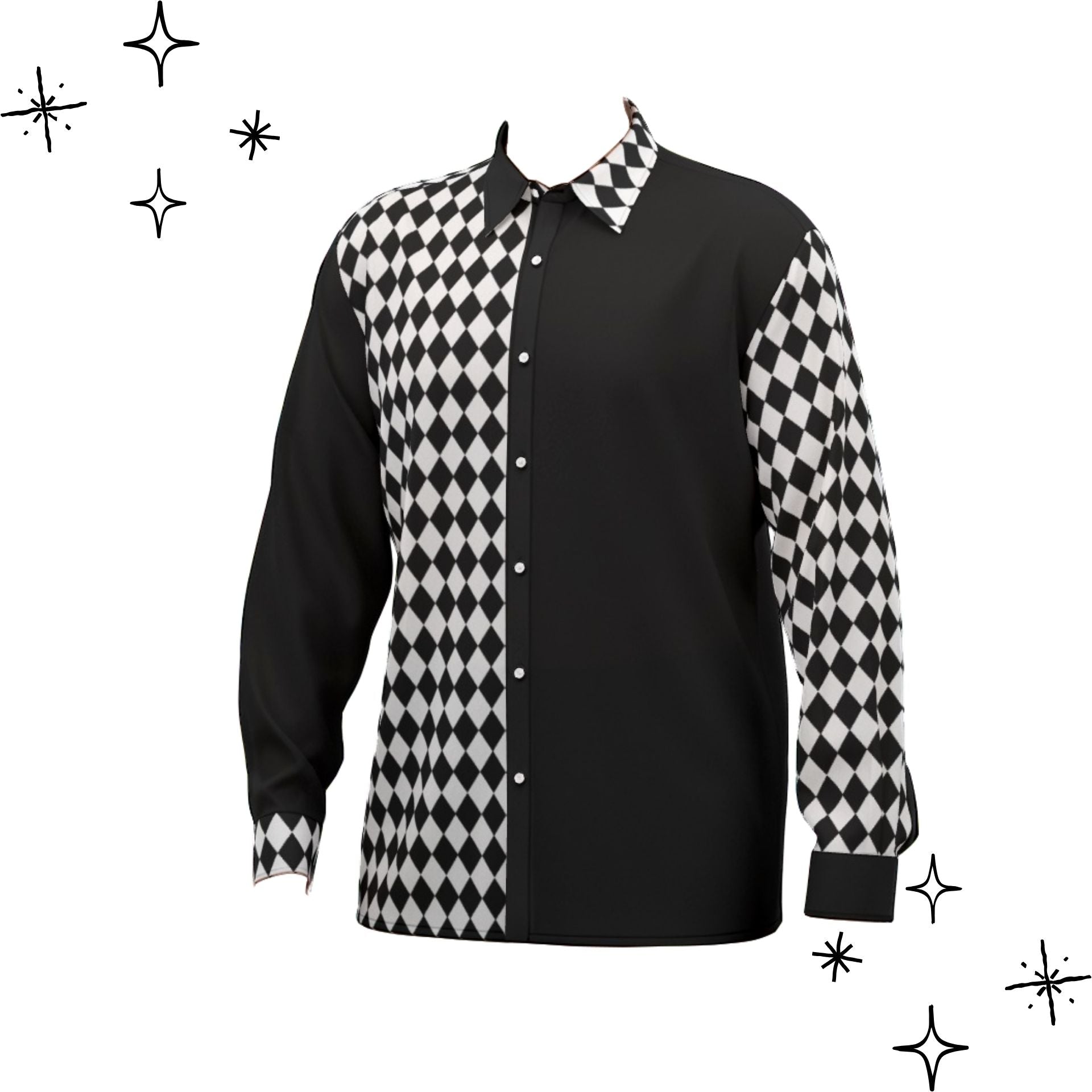 Black satin clown shirt with black and white checkered sleeves on a white background