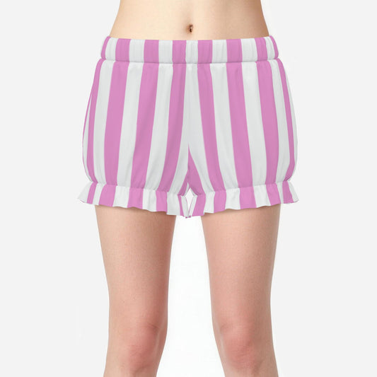 Pink and white vertically striped shorts with a ruffled hem, shown on a model from the waist to mid-thigh against a light gray background.