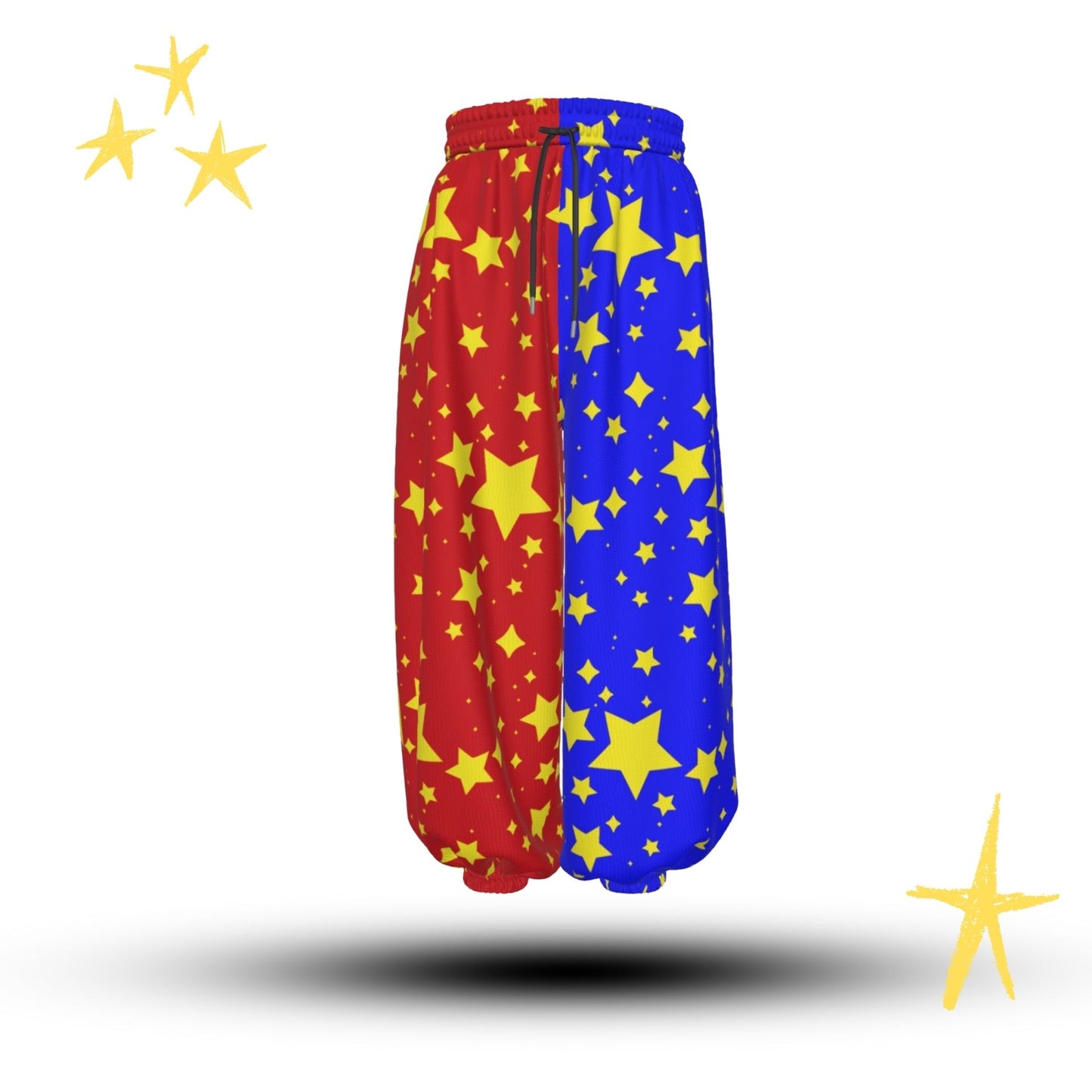 Baggy Clown-style pants with a red and blue color scheme. The left leg is red with yellow stars, and the right leg is blue with yellow stars. The pants have a drawstring waistband.