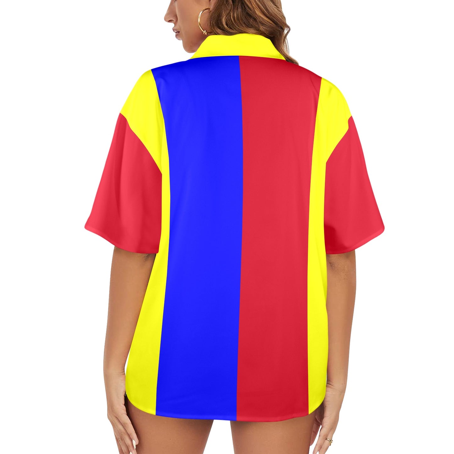 Colorful striped shirt worn by a person on a white background