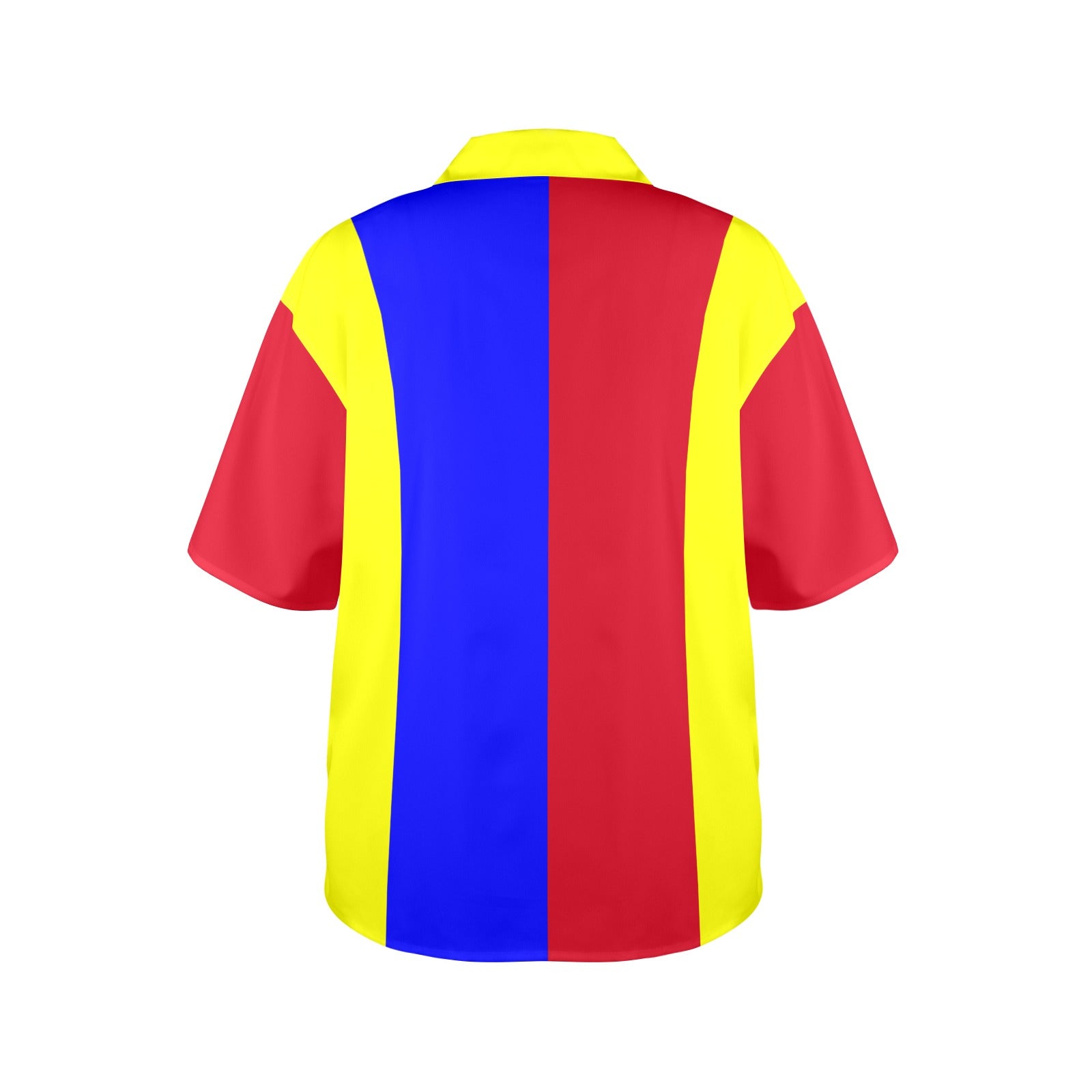 Colorful striped shirt with red, yellow, and blue pattern on a white background