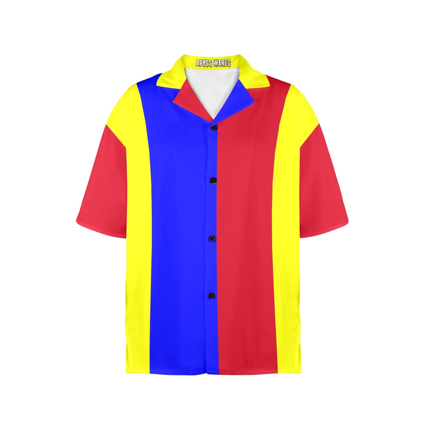 Colorful shirt with red, yellow, and blue sections on a white background