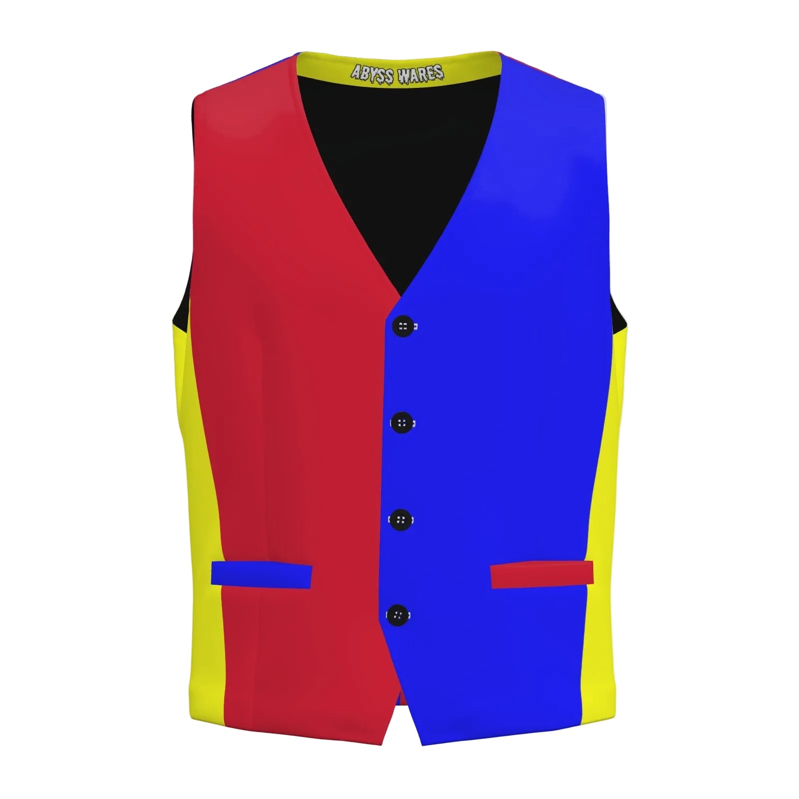 Colorful vest with red, blue, and yellow sections on a white background