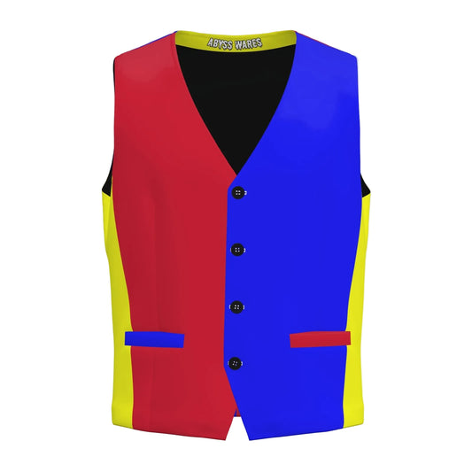 Colorful vest with red, blue, and yellow sections on a white background