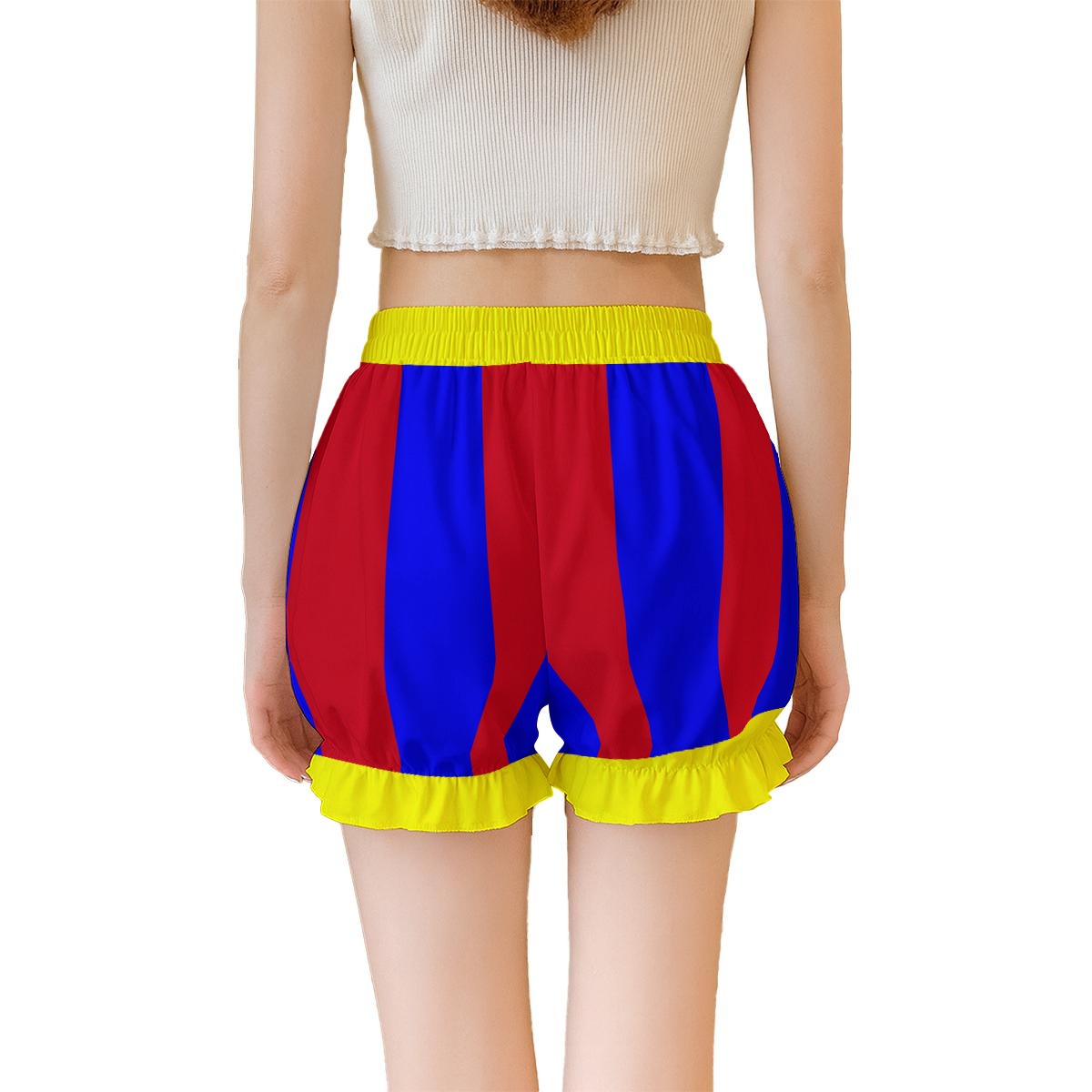 Colorful striped shorts with yellow trim on a white background