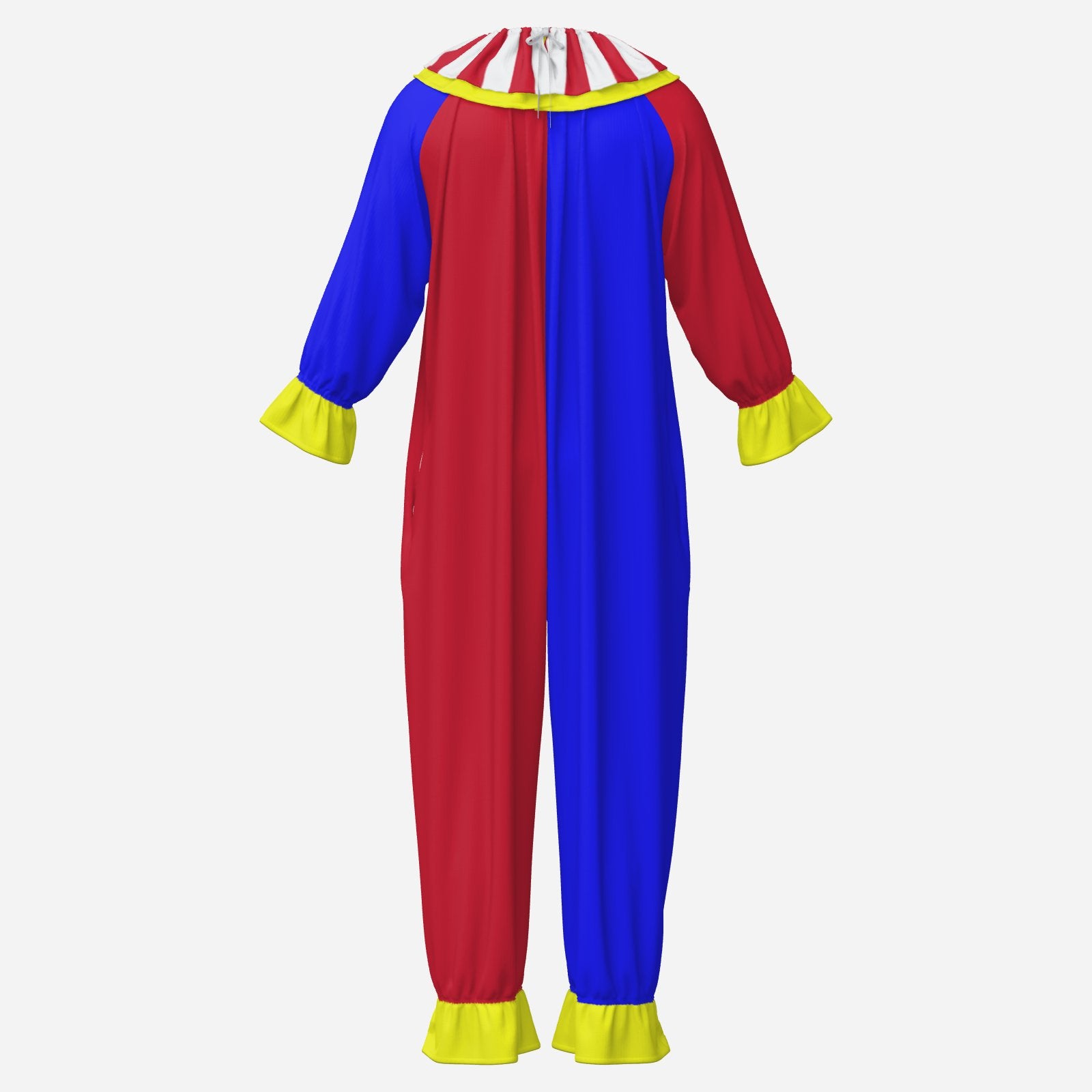 Colorful clown costume with red, blue, yellow, and white on a white background