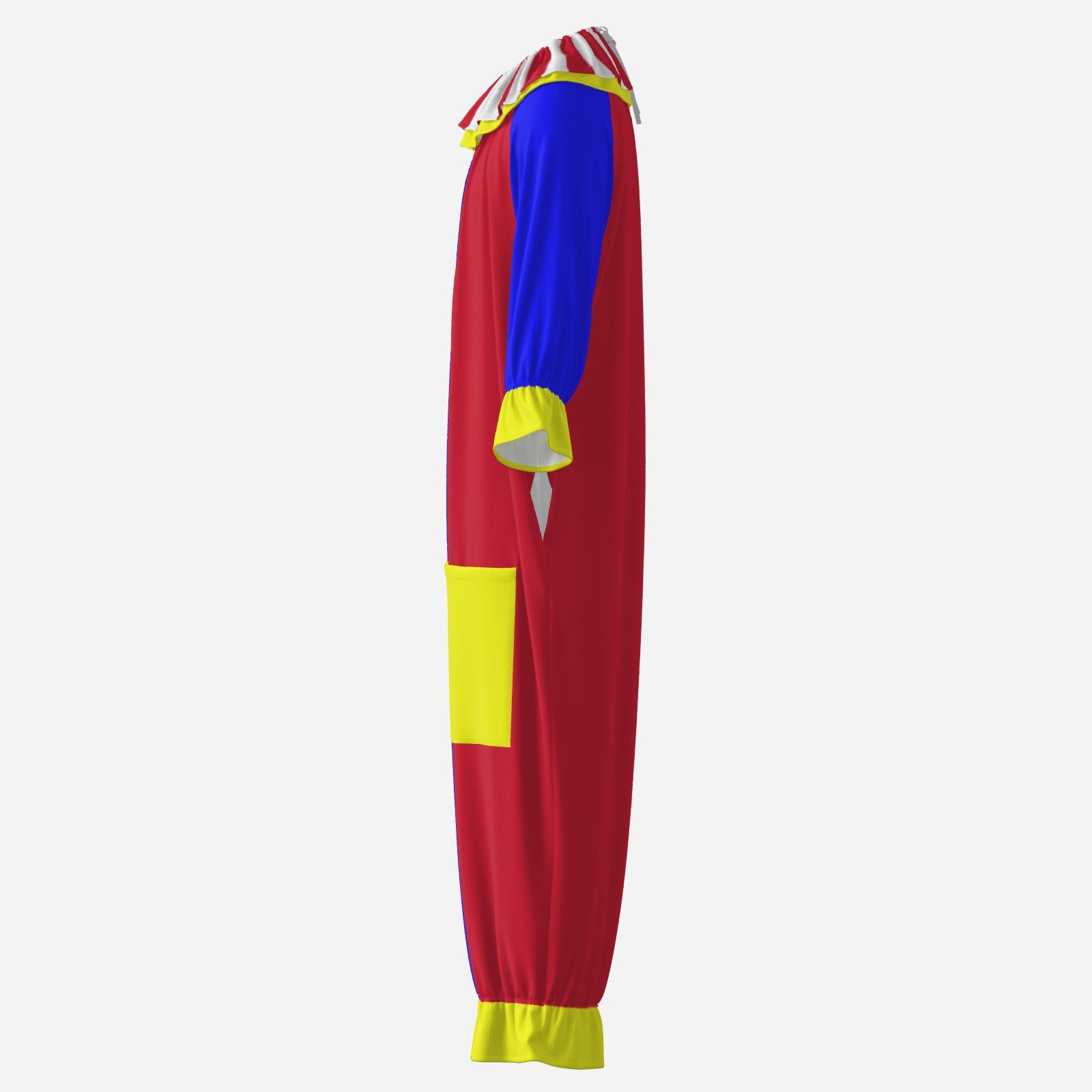 Colorful clown costume with red, blue, and yellow on a white background
