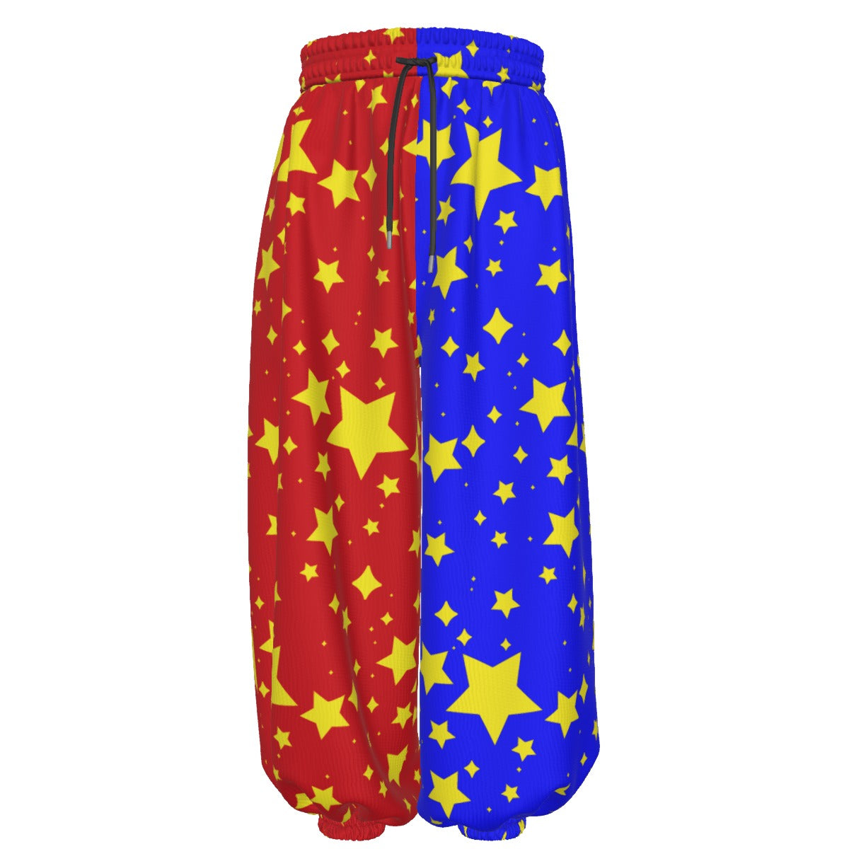 Primary Stardust Baggy Jester Clown Pants, split red and blue with all-over print of yellow stars