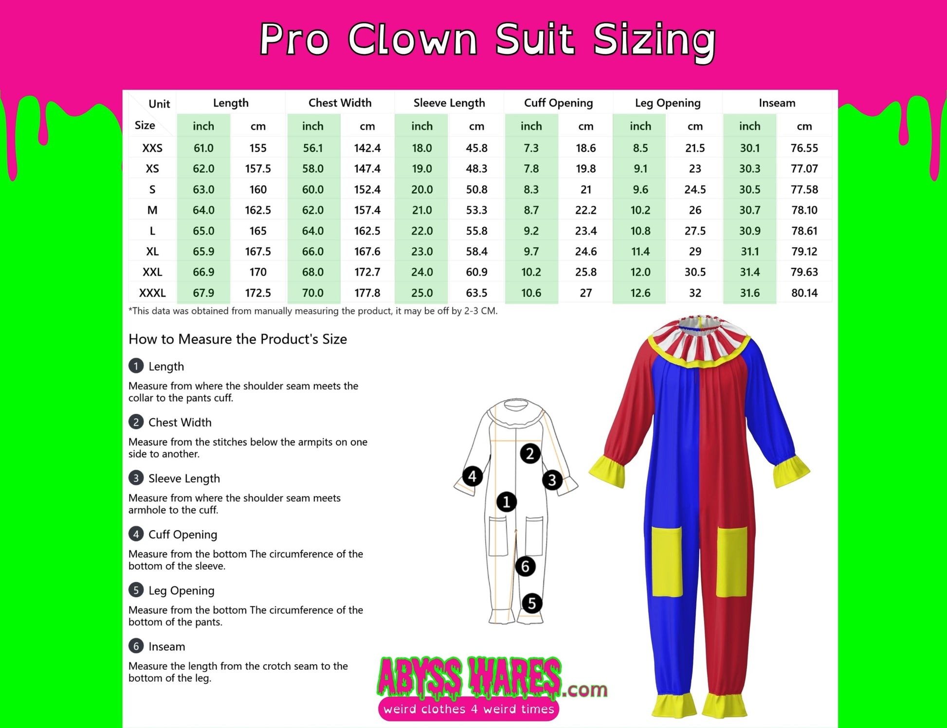 Clown suit sizing chart with measurements and a colorful clown suit illustration on a green and pink background.