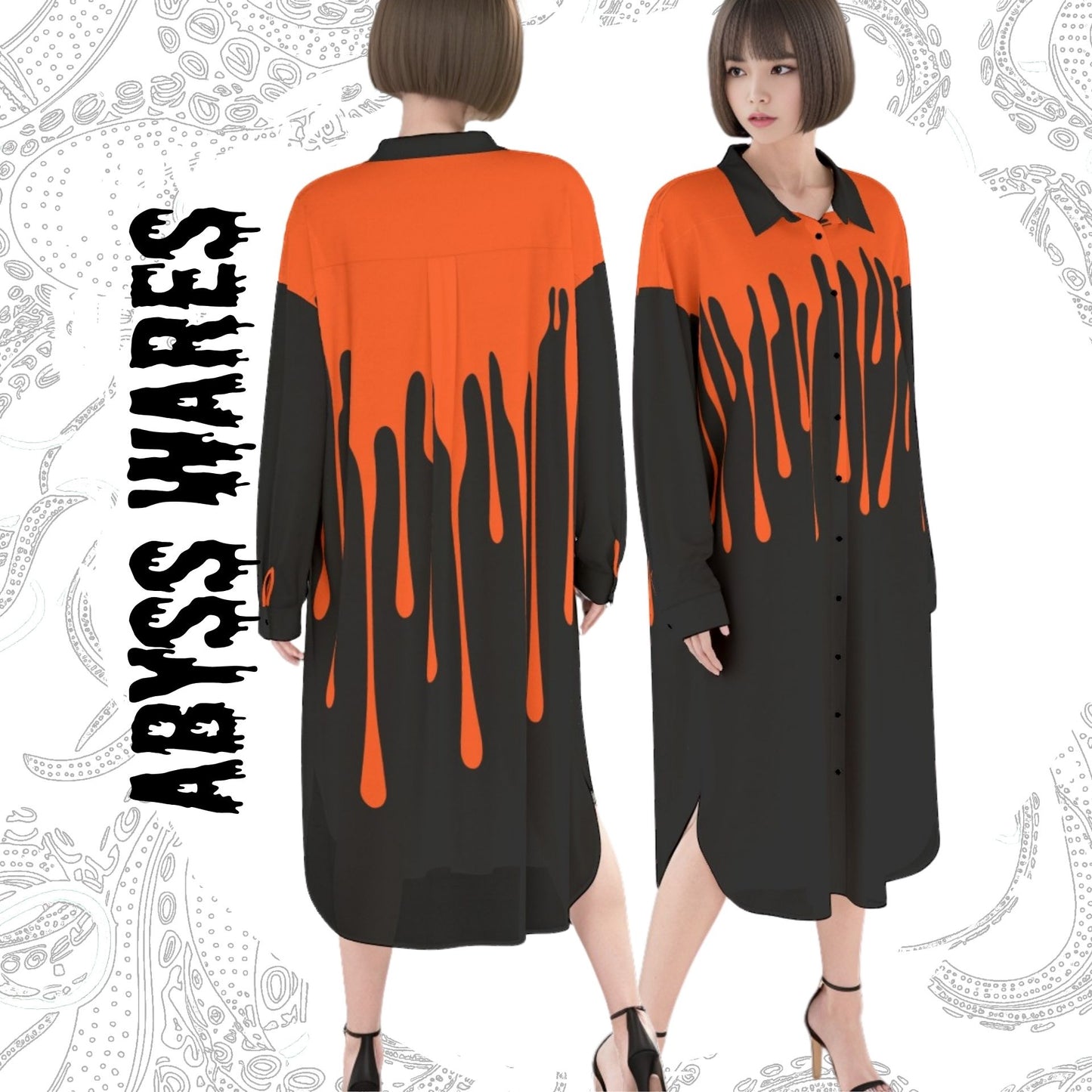 Pumpkin Blood Shirtdress Maxi Dress Long Sleeve Halloween Orange and Black Horror Drippy Weirdcore