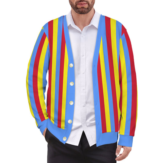 Man wearing a colorful striped cardigan with red, yellow, and blue horizontal stripes on a white background.