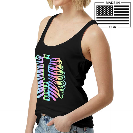 Rainbow ribcage print on a black tank top for women, made in USA