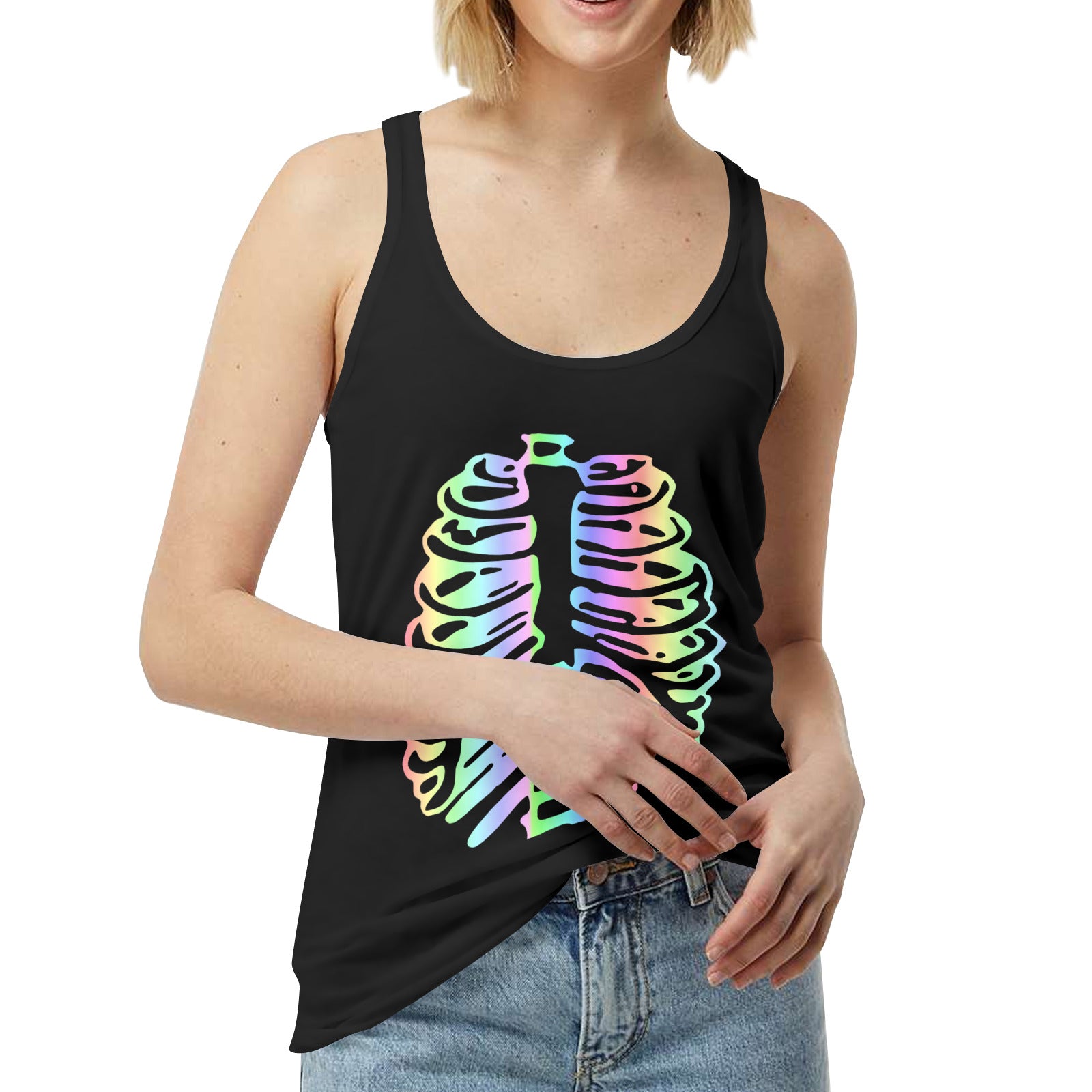 womens black tank top with pastel rainbow ribcage print