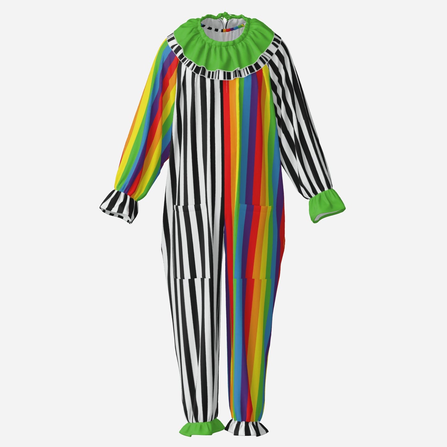 Colorful clown costume with rainbow stripes and black and white striped pattern on a white background