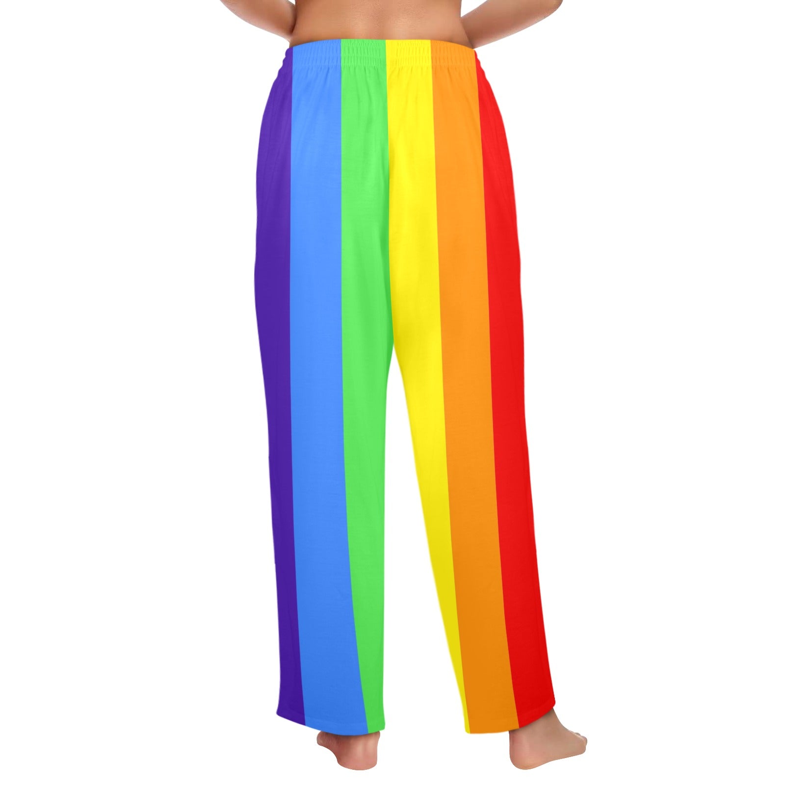 Rainbow striped pants on a white background