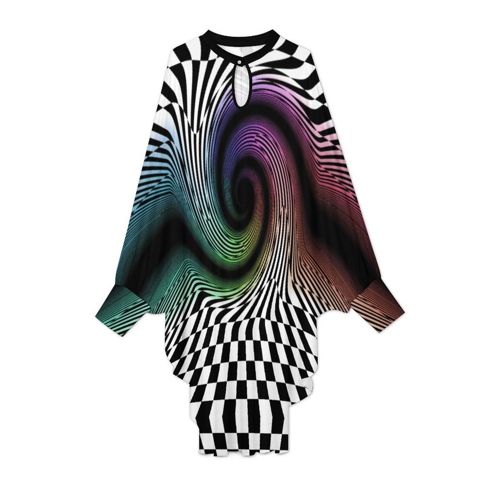 Colorful dress with optical illusion design on a white background