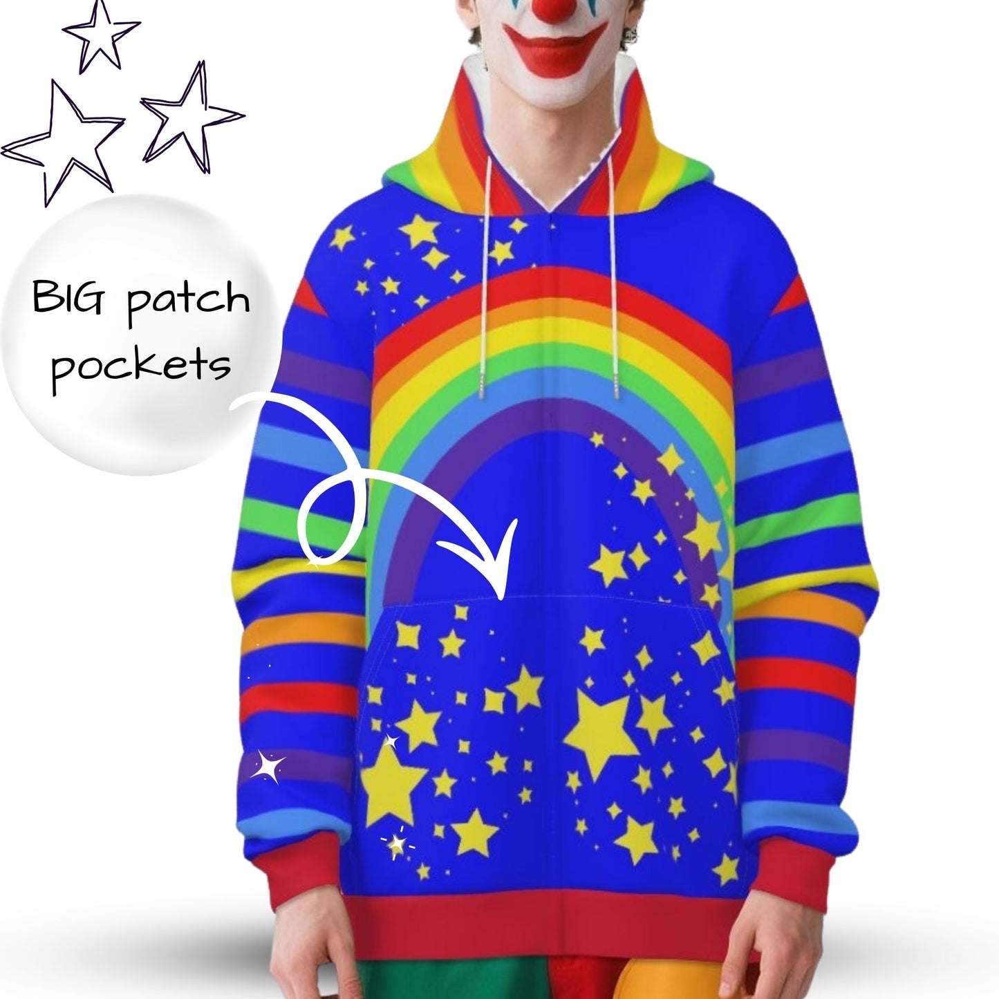 Fangtail Plush Rainbow Sparkle Clown Jester Hoodie Coat