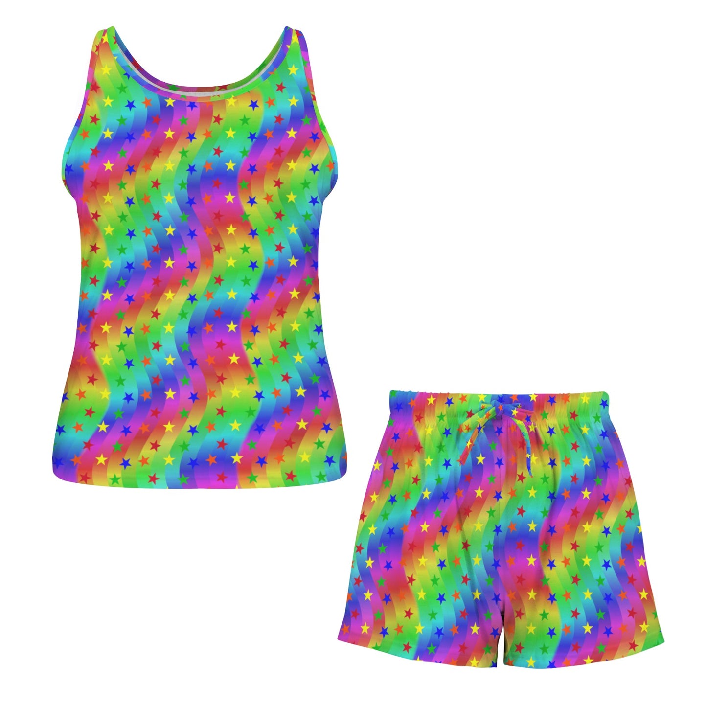 Colorful tank top and shorts set with star pattern on a white background