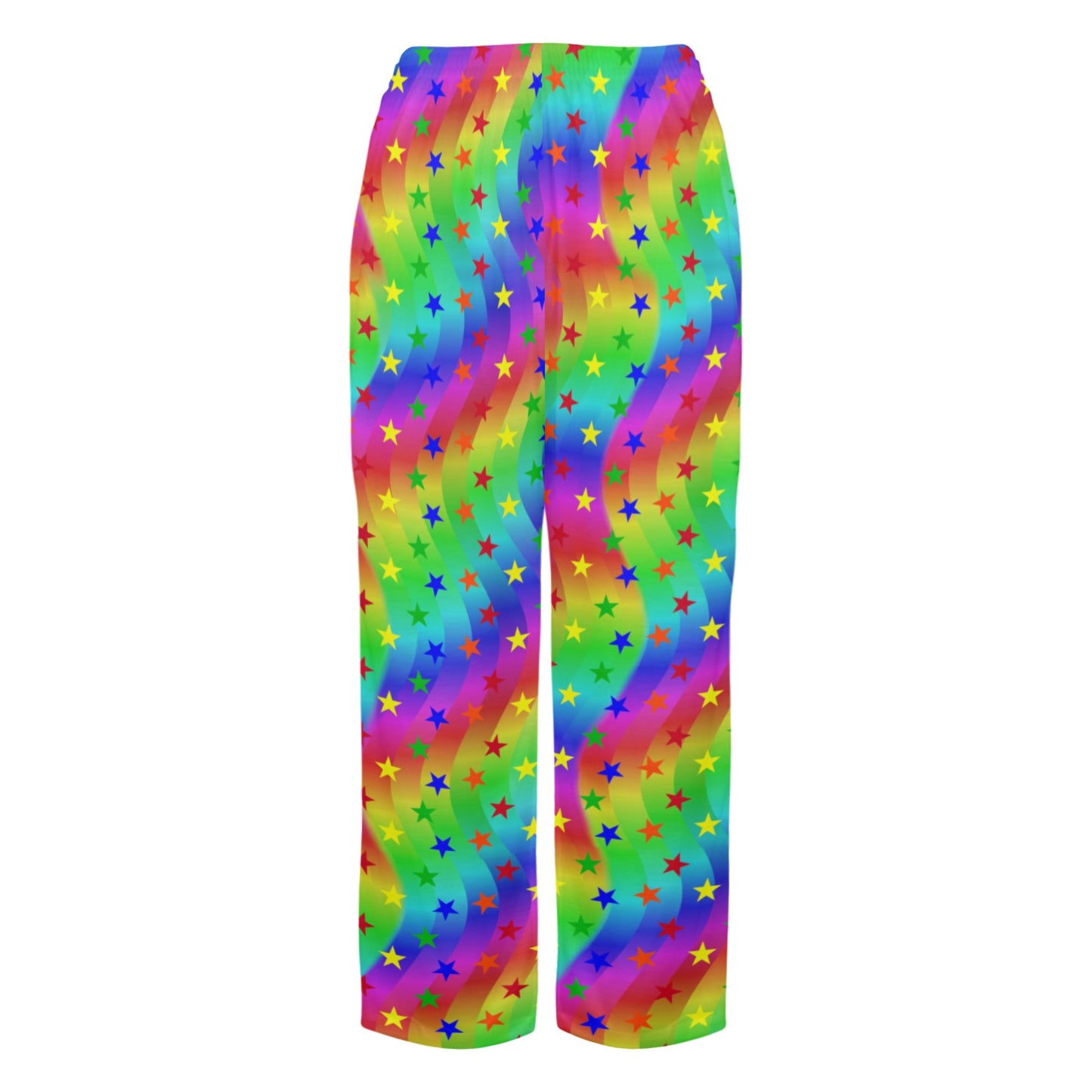 Colorful tie-dye pants with star pattern on a white background
