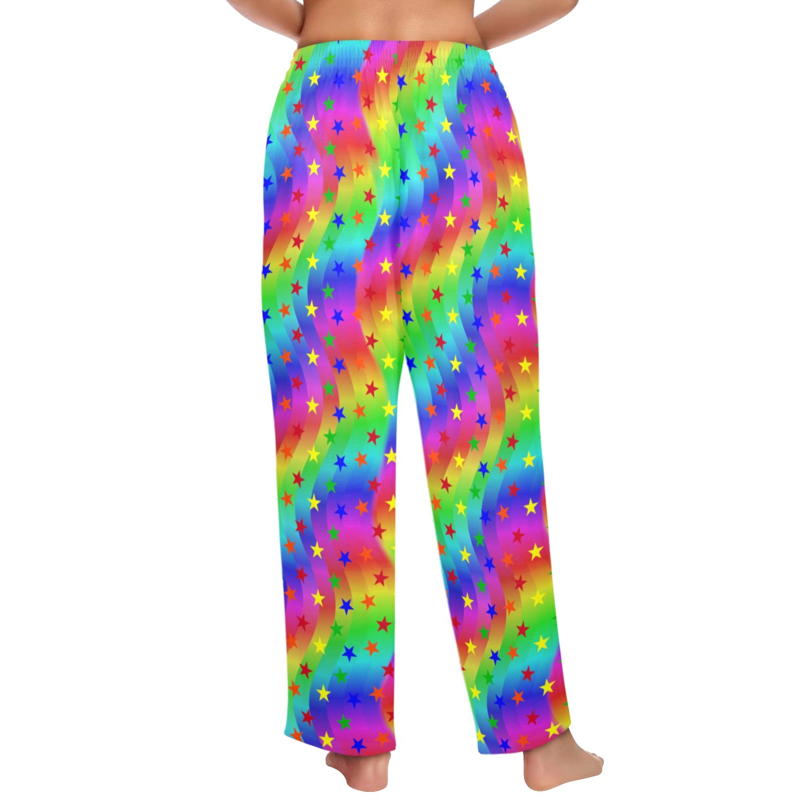 Colorful rainbow pants with star pattern on a white background