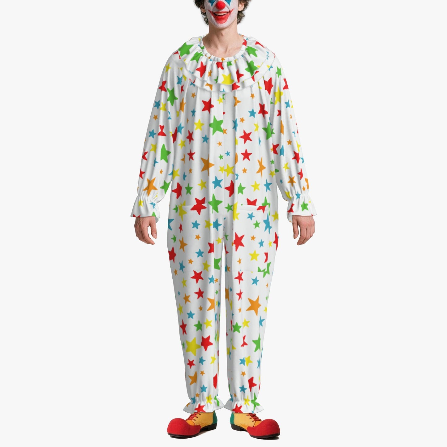 Person wearing a colorful star-patterned clown suit on a white background