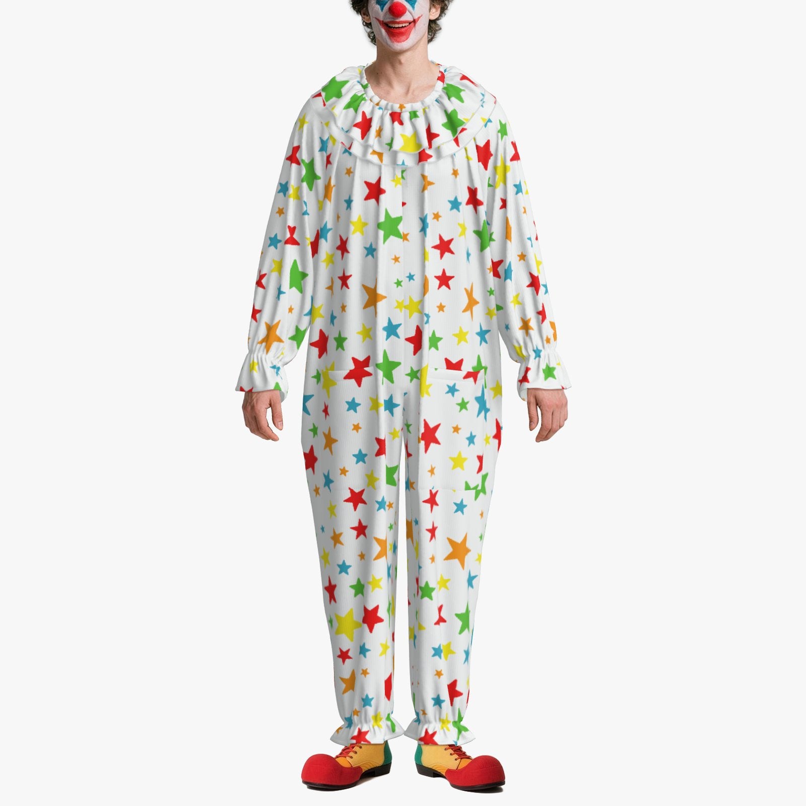 Person wearing a colorful star-patterned clown suit on a white background