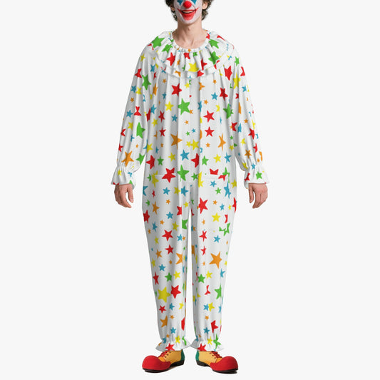 Person wearing a colorful star-patterned clown suit on a white background