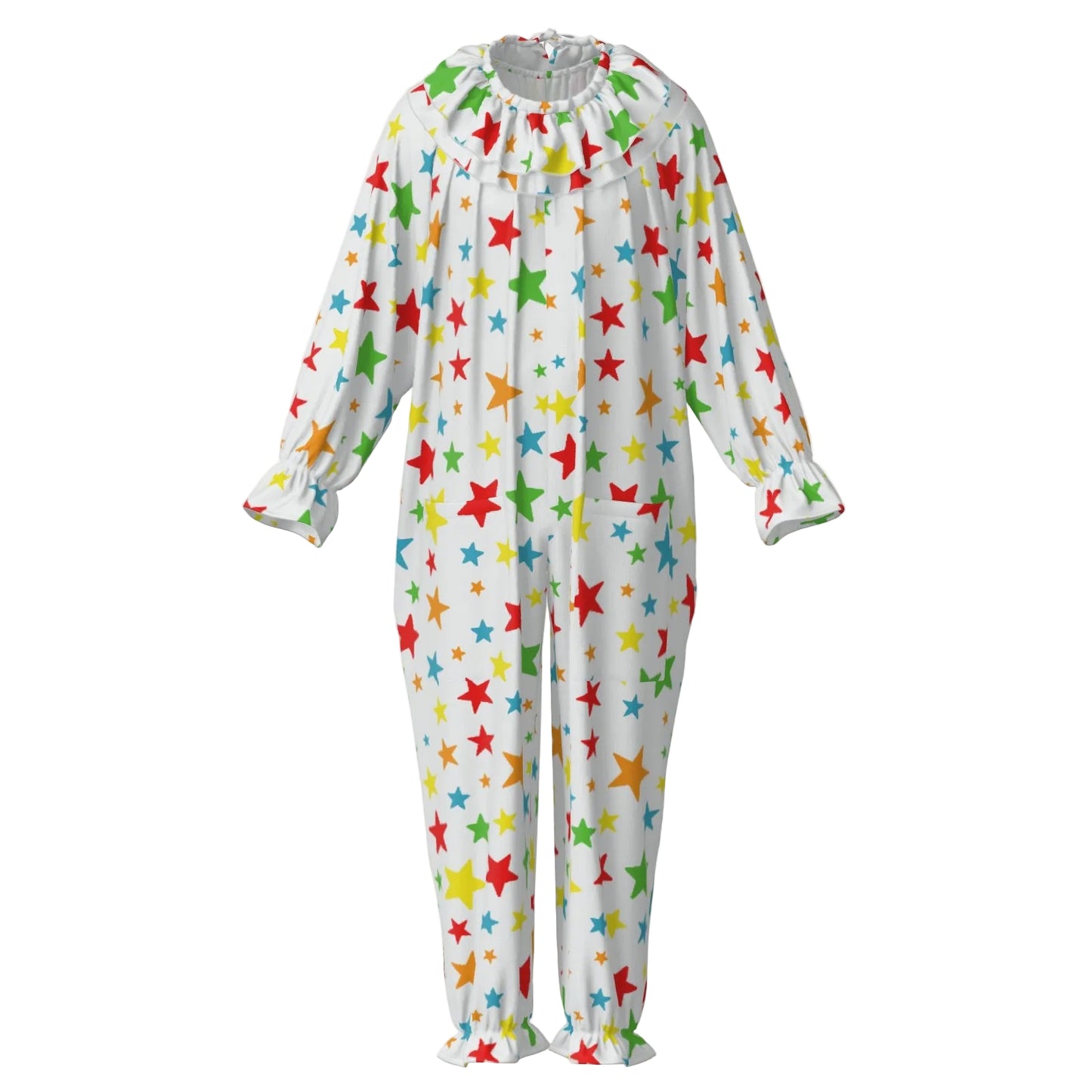 adult clown suit with colorful star pattern on a white background