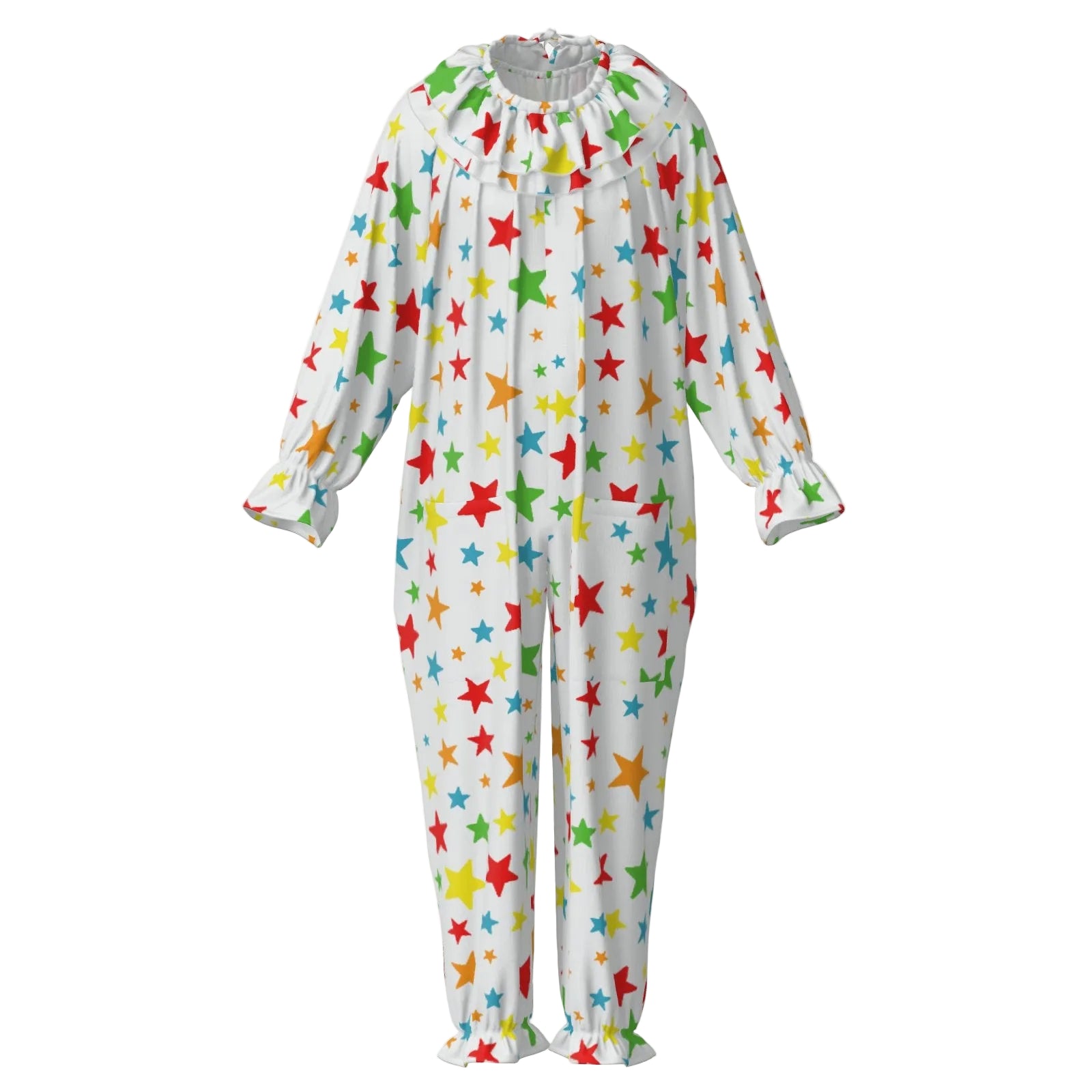 adult clown suit with colorful star pattern on a white background