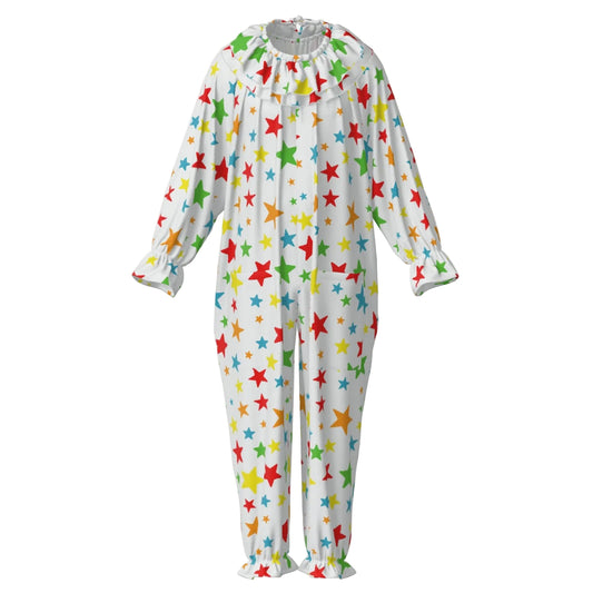 adult clown suit with colorful star pattern on a white background