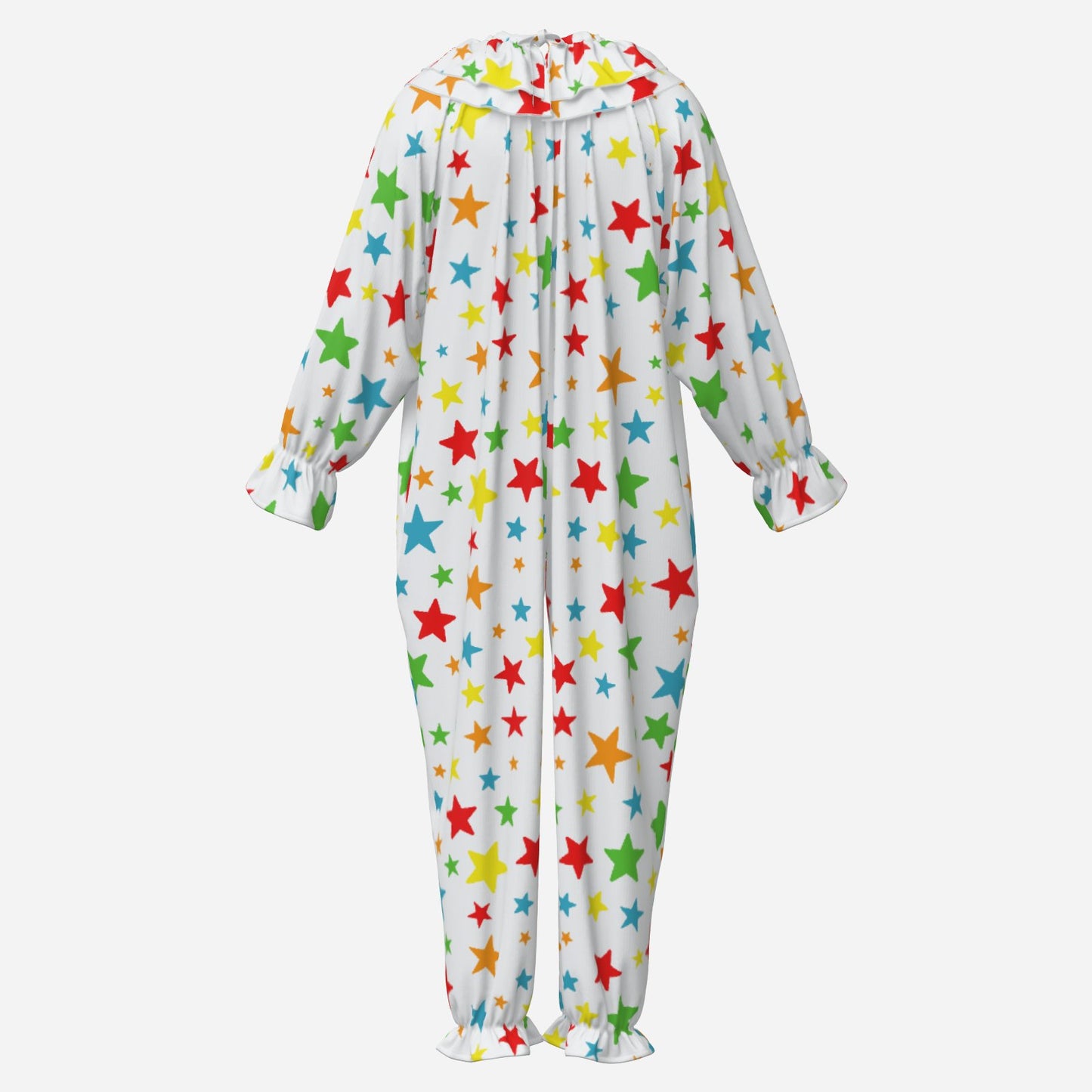 adult clown suit with colorful star pattern on a white background