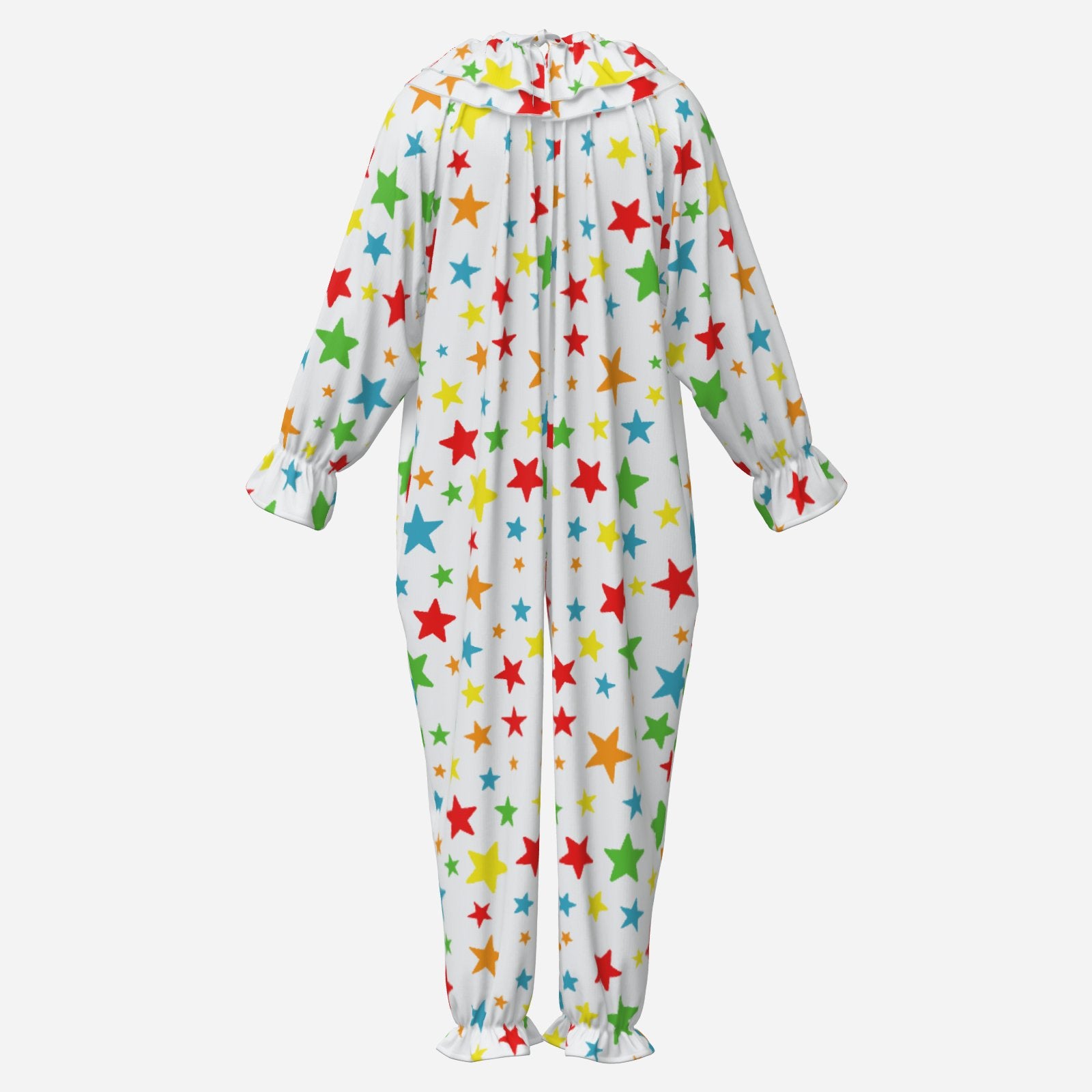 adult clown suit with colorful star pattern on a white background