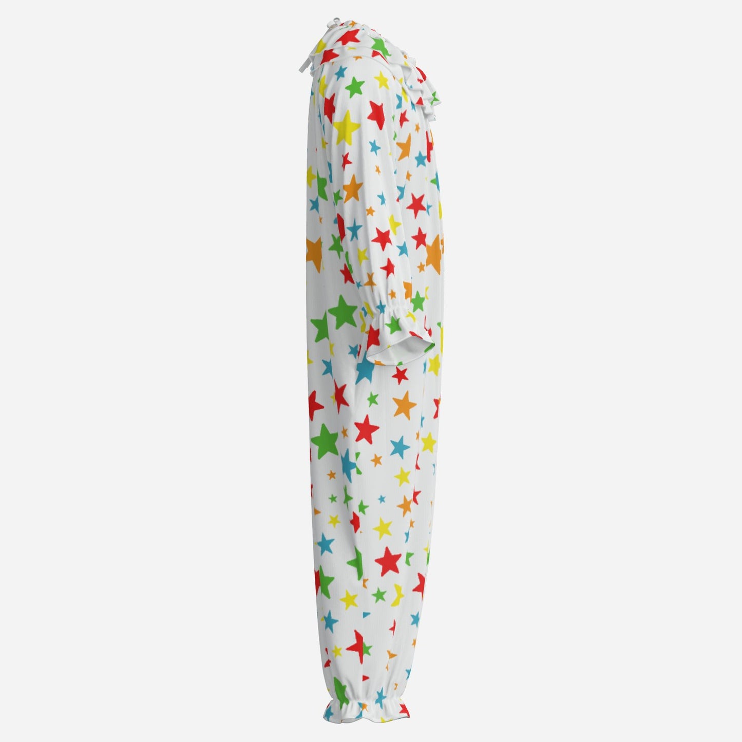 One-piece adult clown suit with colorful star pattern on a white background