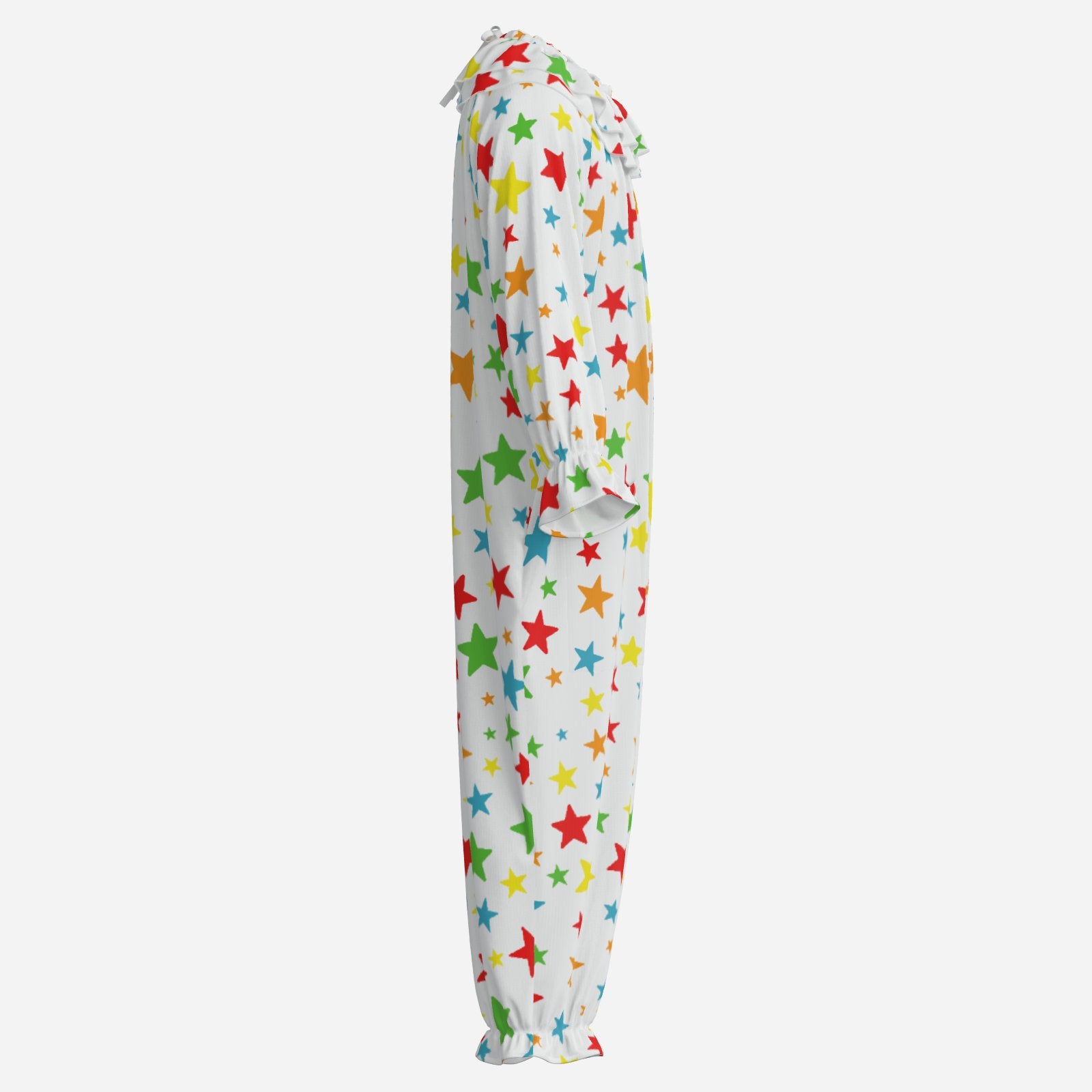 One-piece adult clown suit with colorful star pattern on a white background