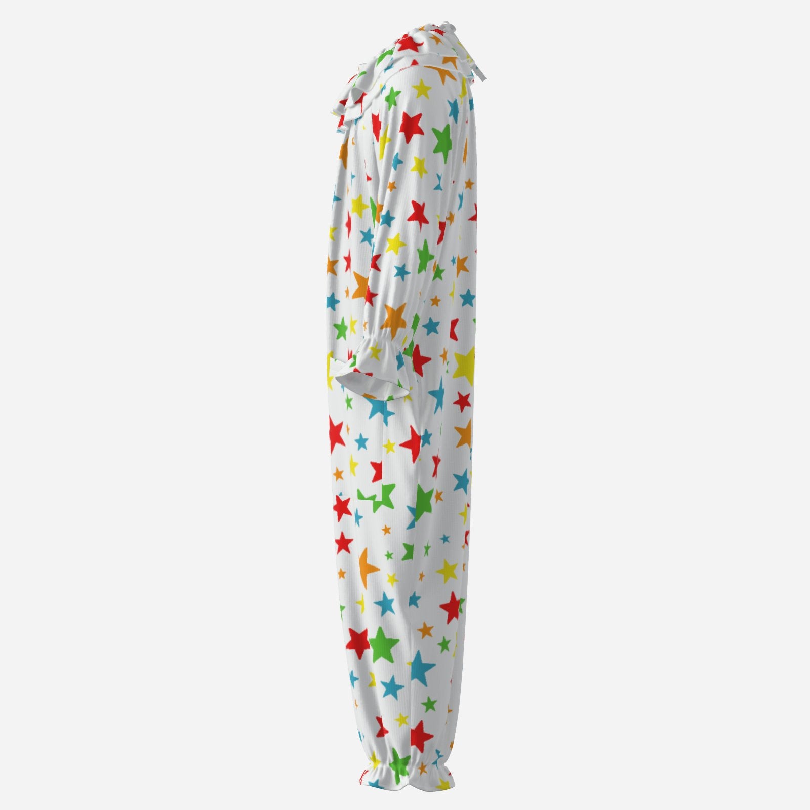 Colorful star-patterned adult clown suit on a white background