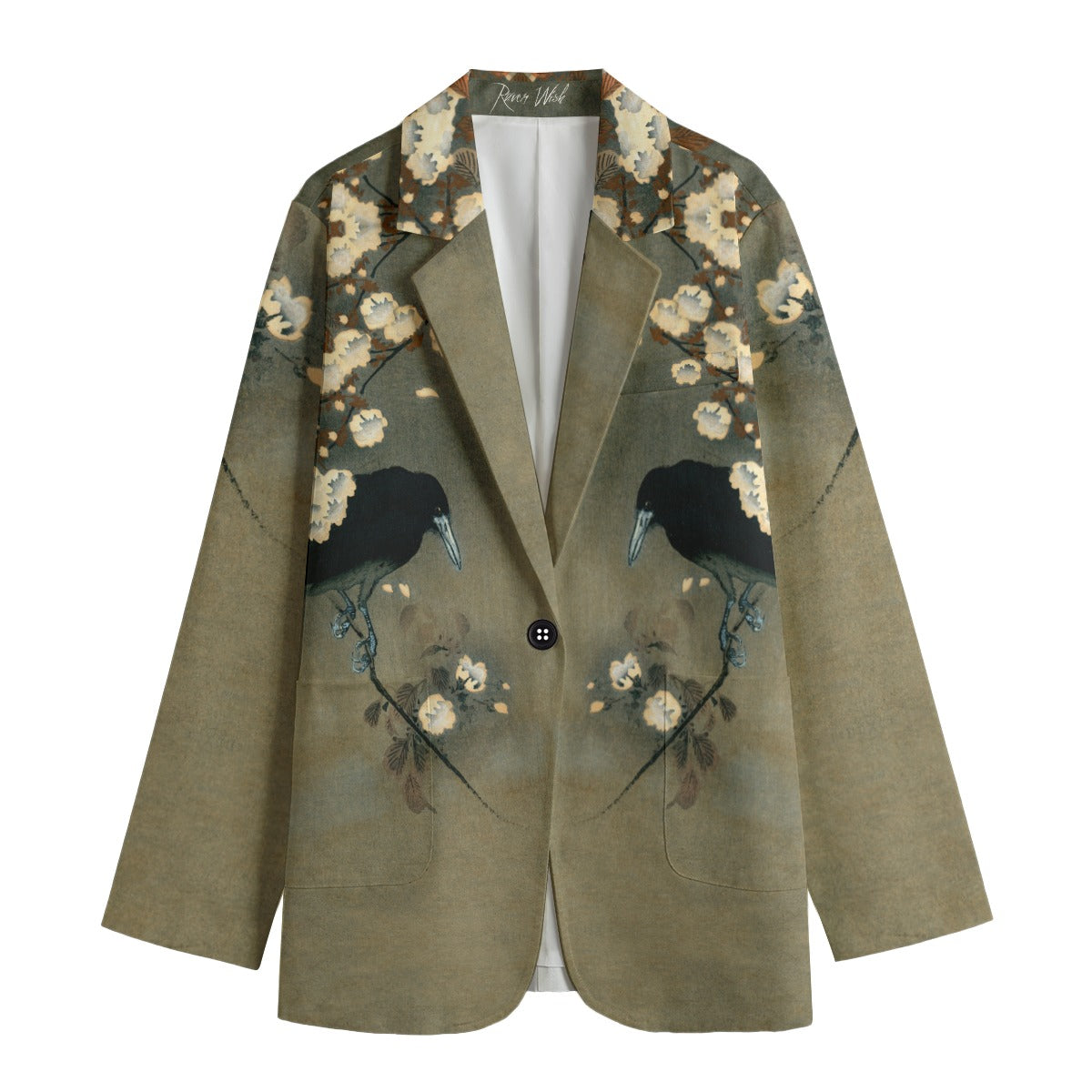 Raven's Olive Branch Blazer Womens Floral Dinner Jacket, Ohara Koson Crows Coat