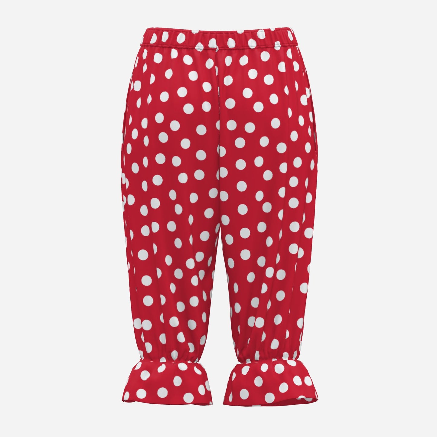 Red pants with white polka dots on a white background