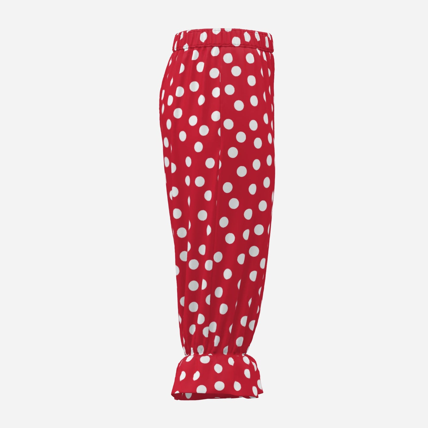 Red pantaloons with white polka dots on a white background