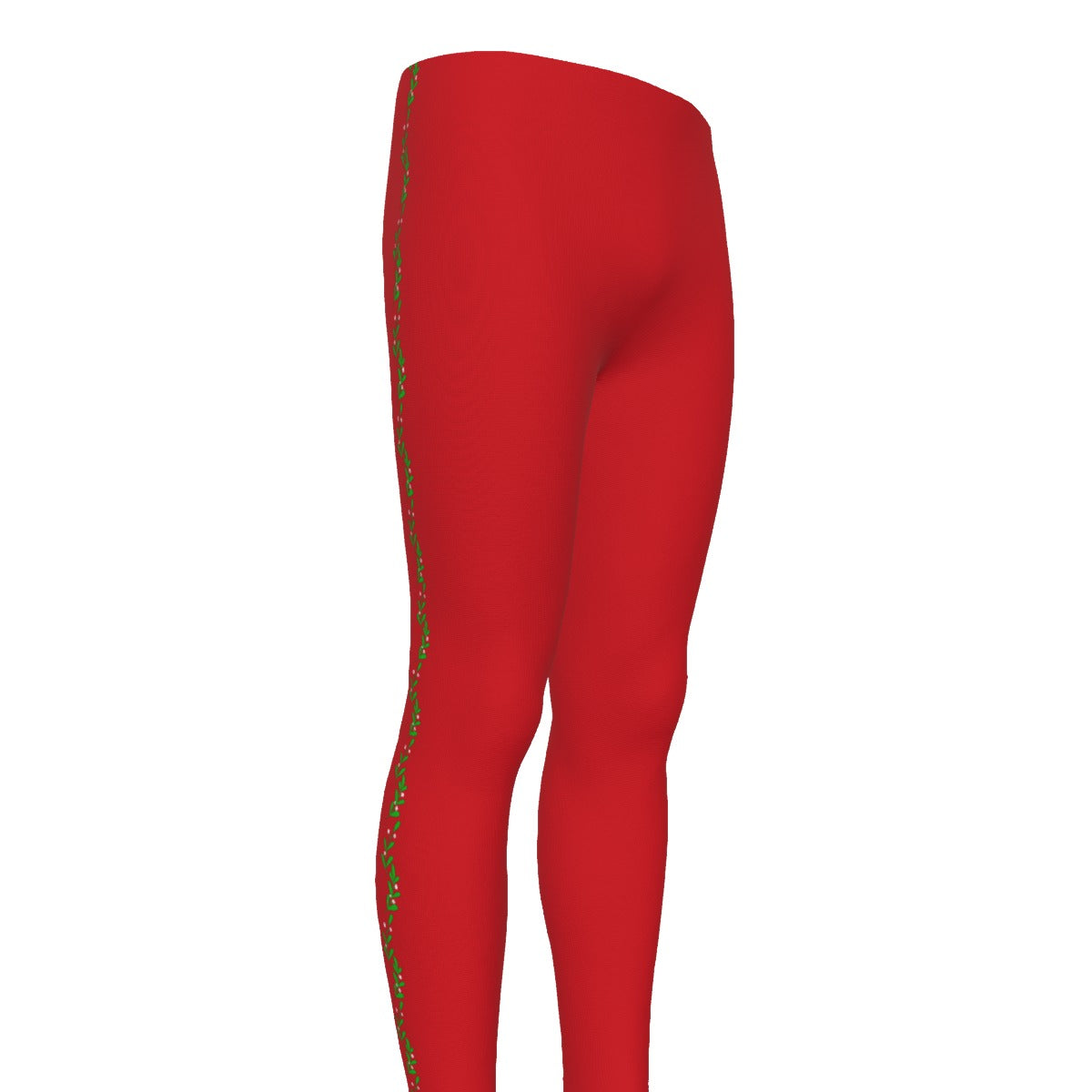 Red mens leggings with green holly pattern 