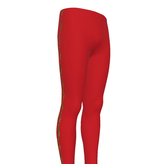 Red mens leggings with green holly pattern 