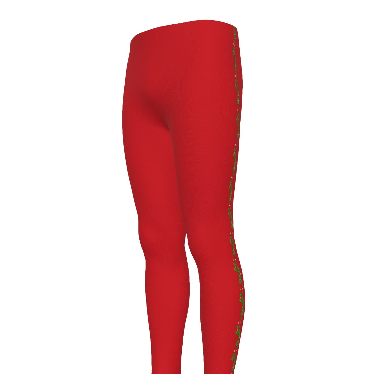 Red leggings with green and gold design on a white background