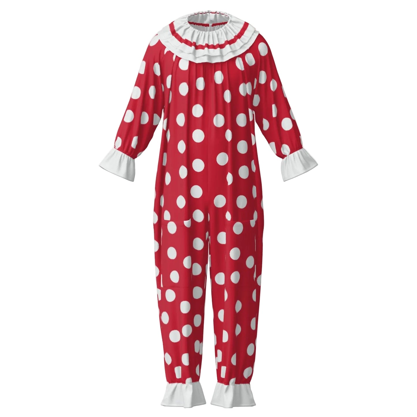 Red clown suit for adults with white polka dots on a white background