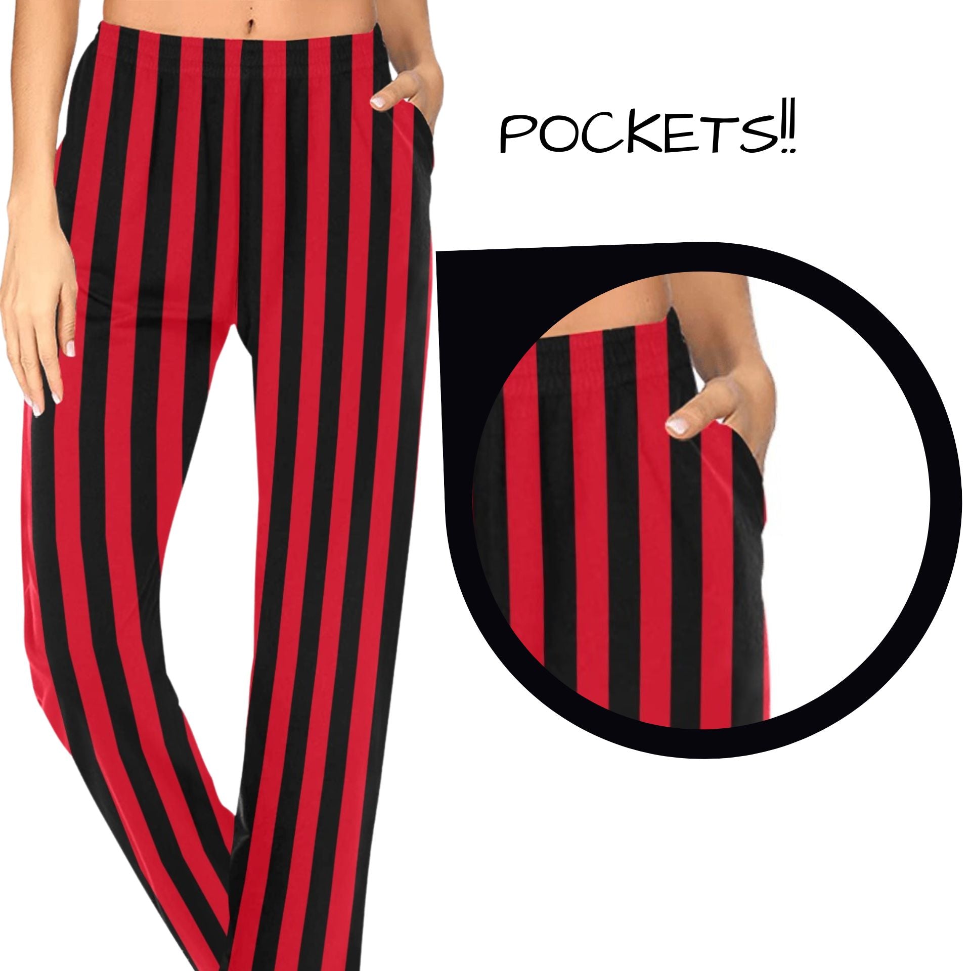 red black striped long pajama pants for women, clown pants with pockets