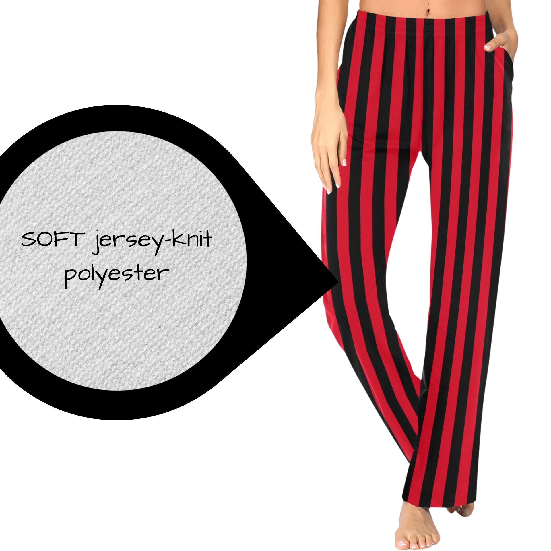 soft jersey knit polyester clown pants with pockets for lounge and sleep, womens size