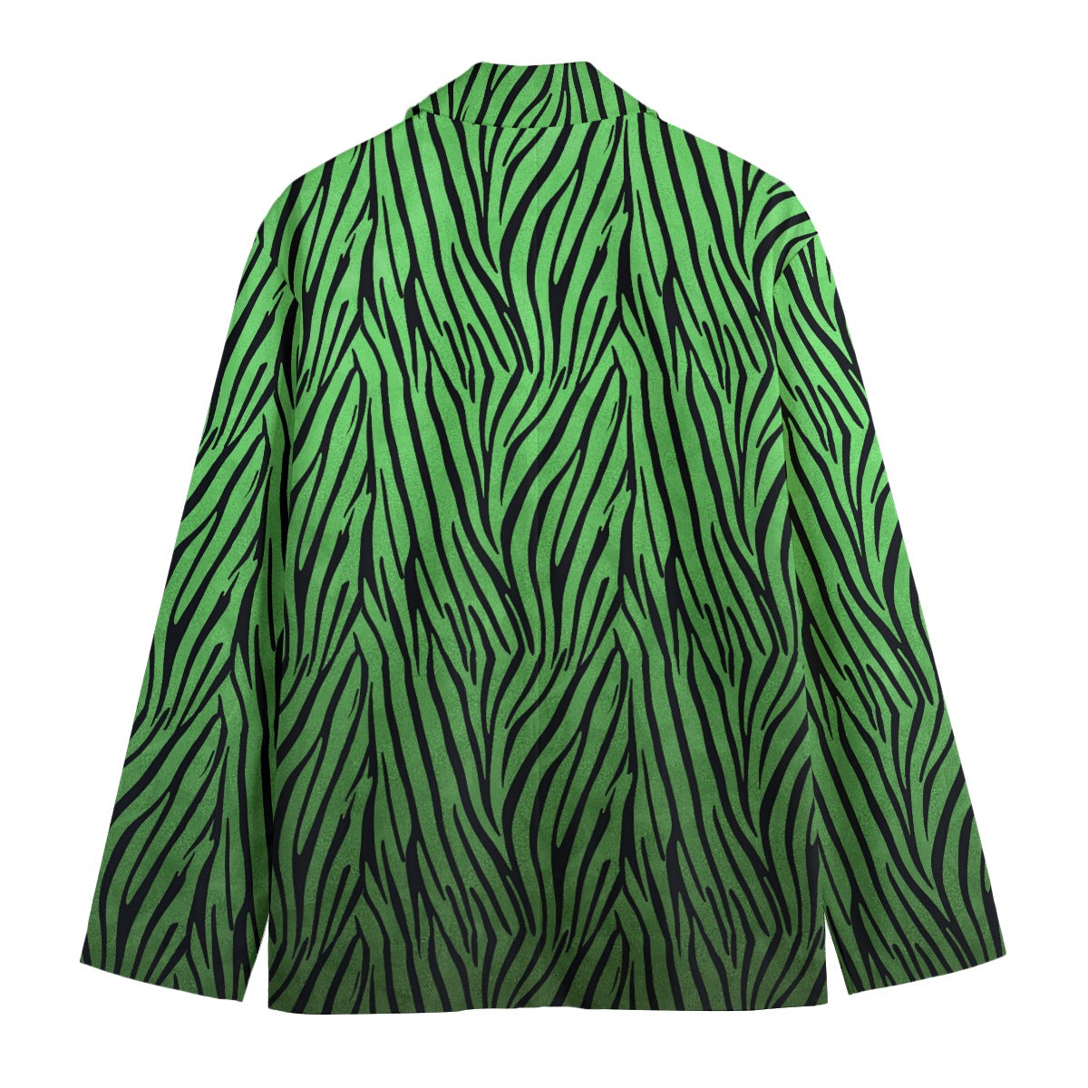 Green and black zebra patterned jacket on a white background