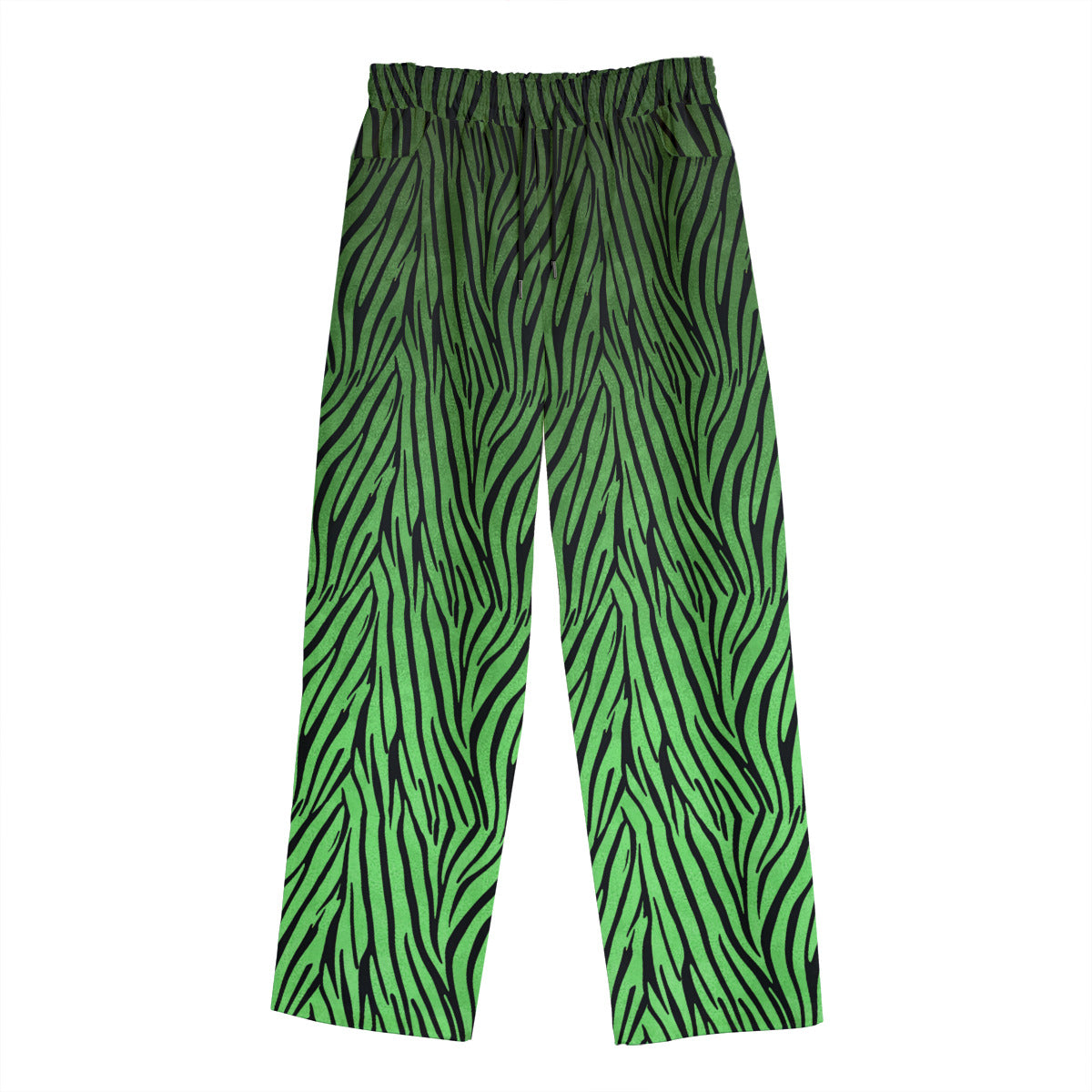 Green and black zebra-striped pants on a white background
