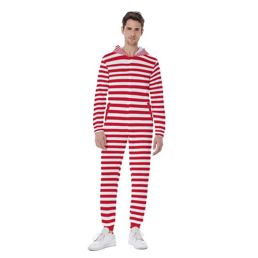 Ringelnarr Red White Stripe Jumpsuit for men, hooded striped zip up coveralls clown suit